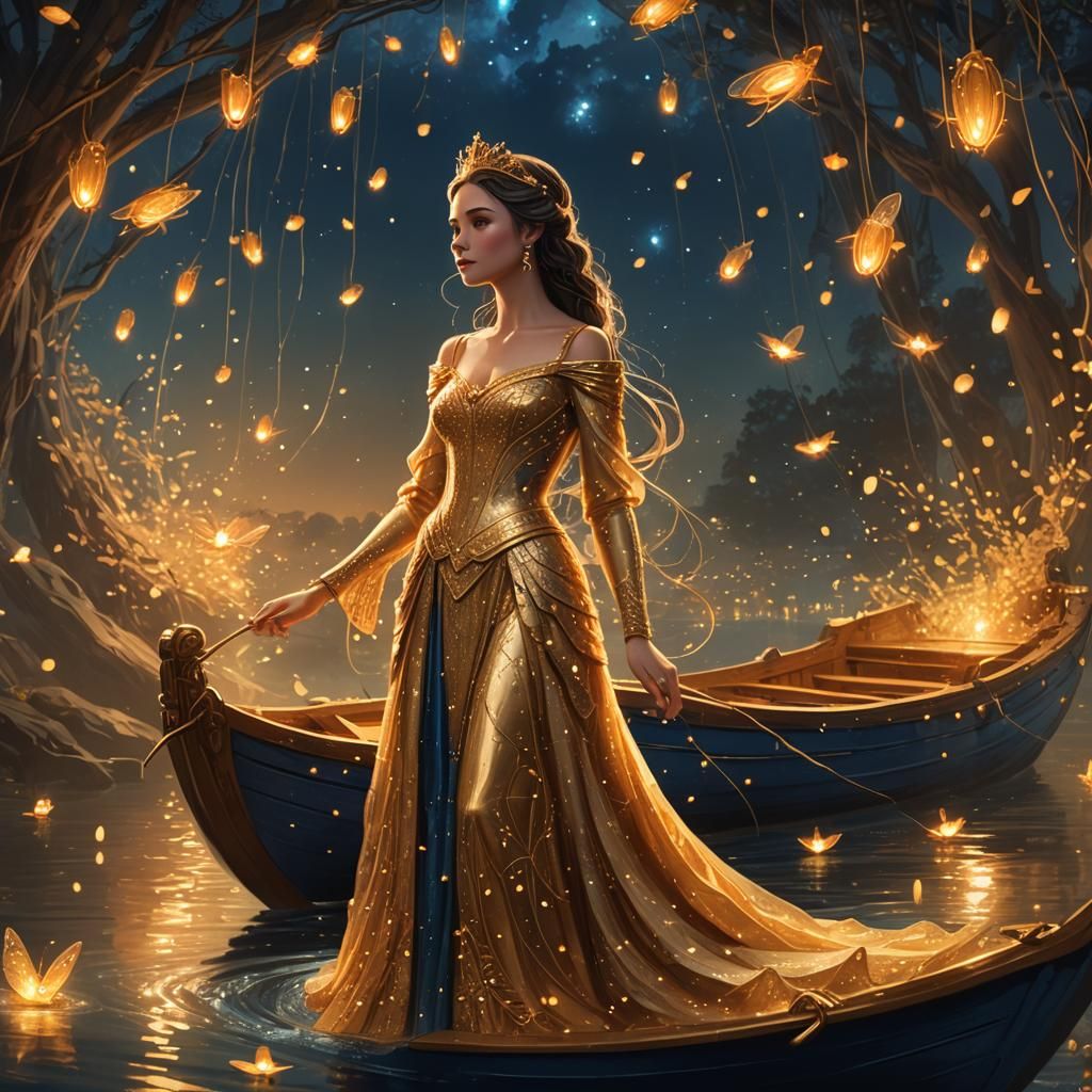 Golden Princess on Boat Surrounded by Fireflies