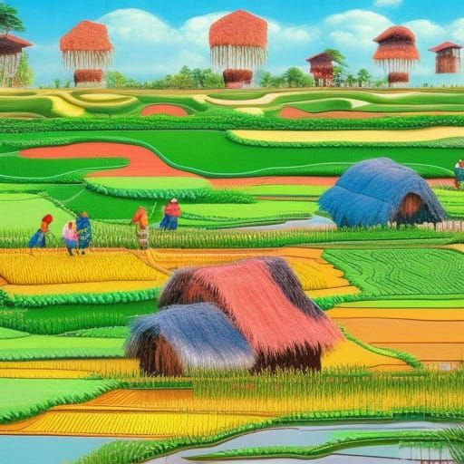 Vibrant Rice Field Hut with People Planting Paddy