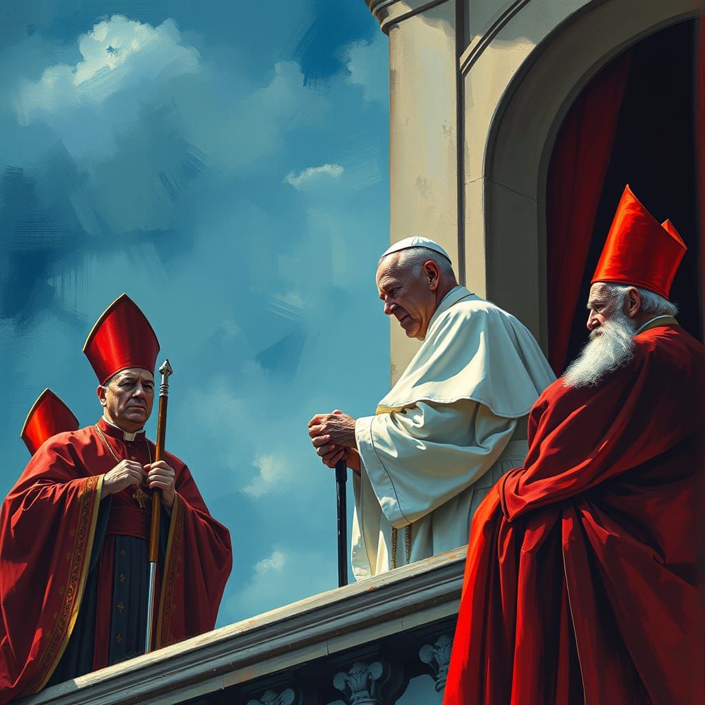 Catholic Bishops on Balcony in Naive Art Style