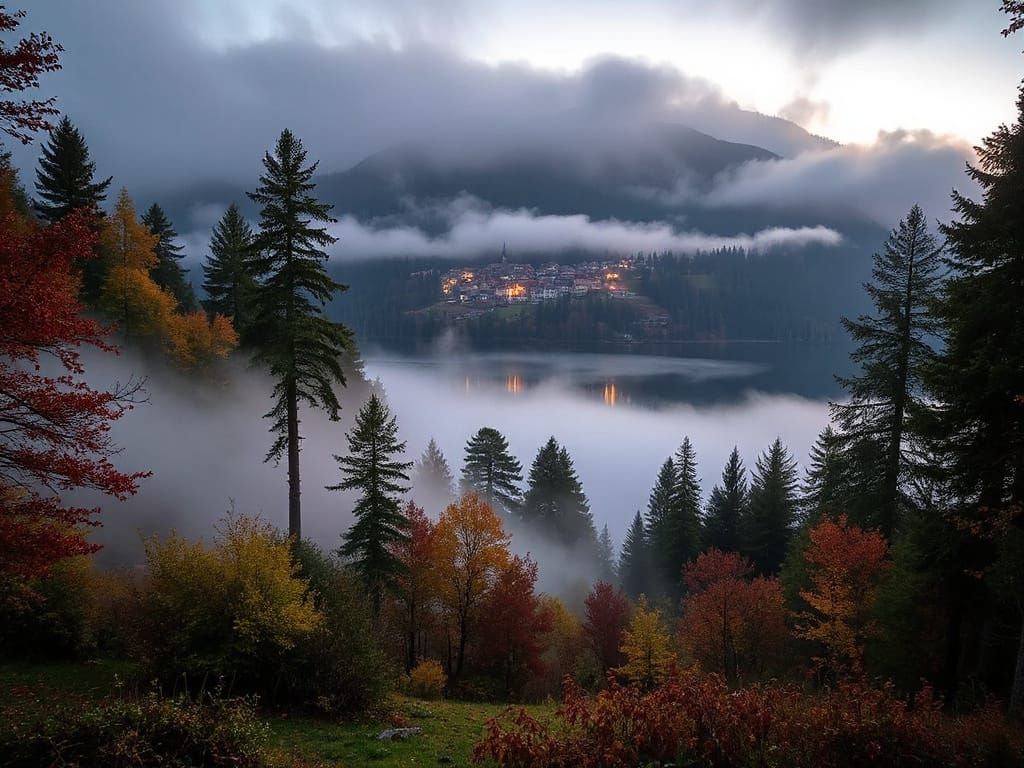Misty Autumn Forest Morning by Alpine Lake