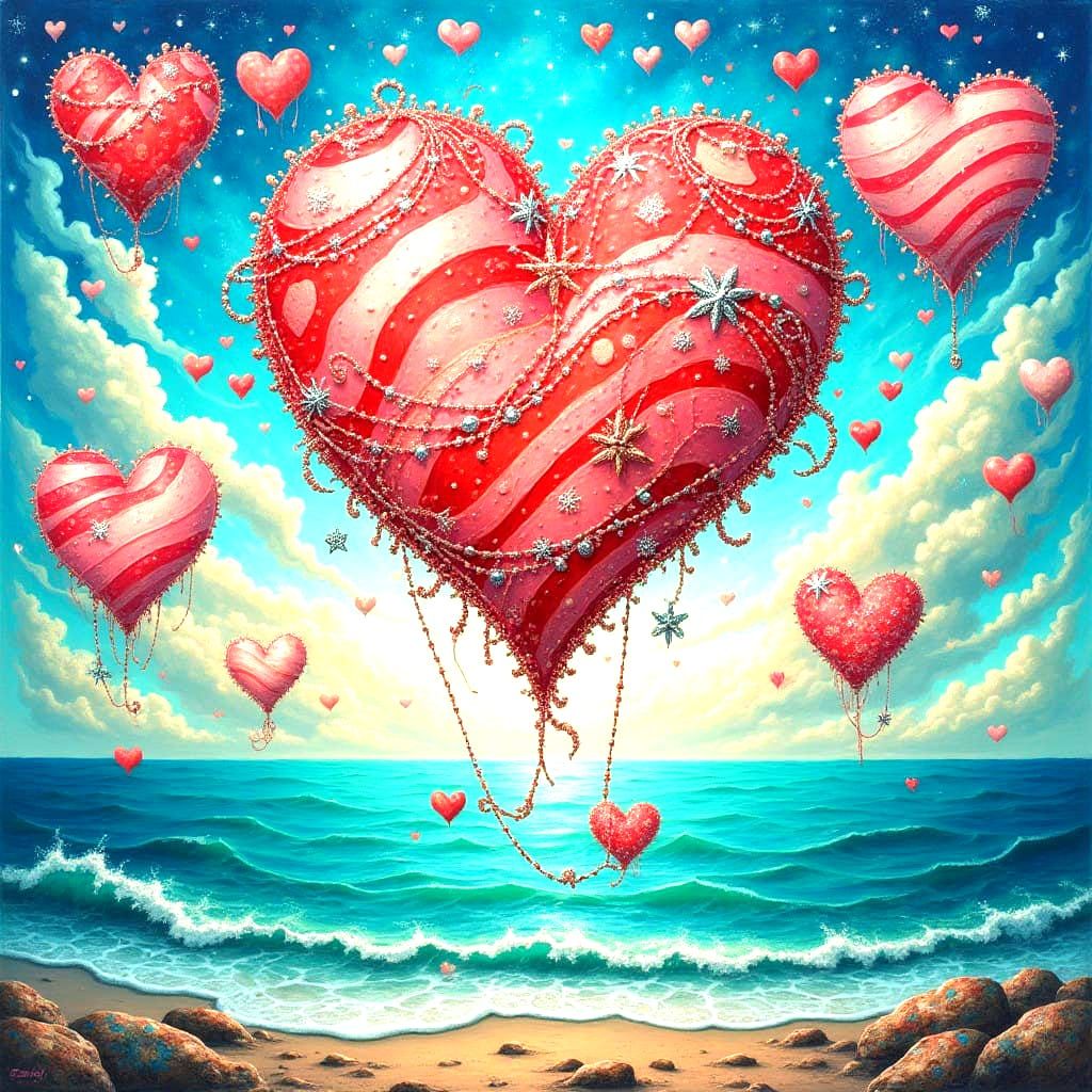 Whimsical Candy Stripe Sky with Intricate Silver Hearts Over...