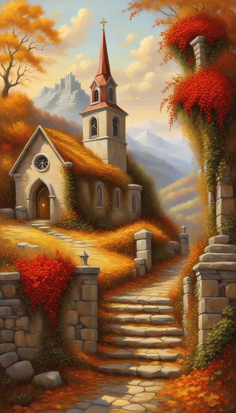 Autumn Cottage Landscape with Roses, an Oil Painting