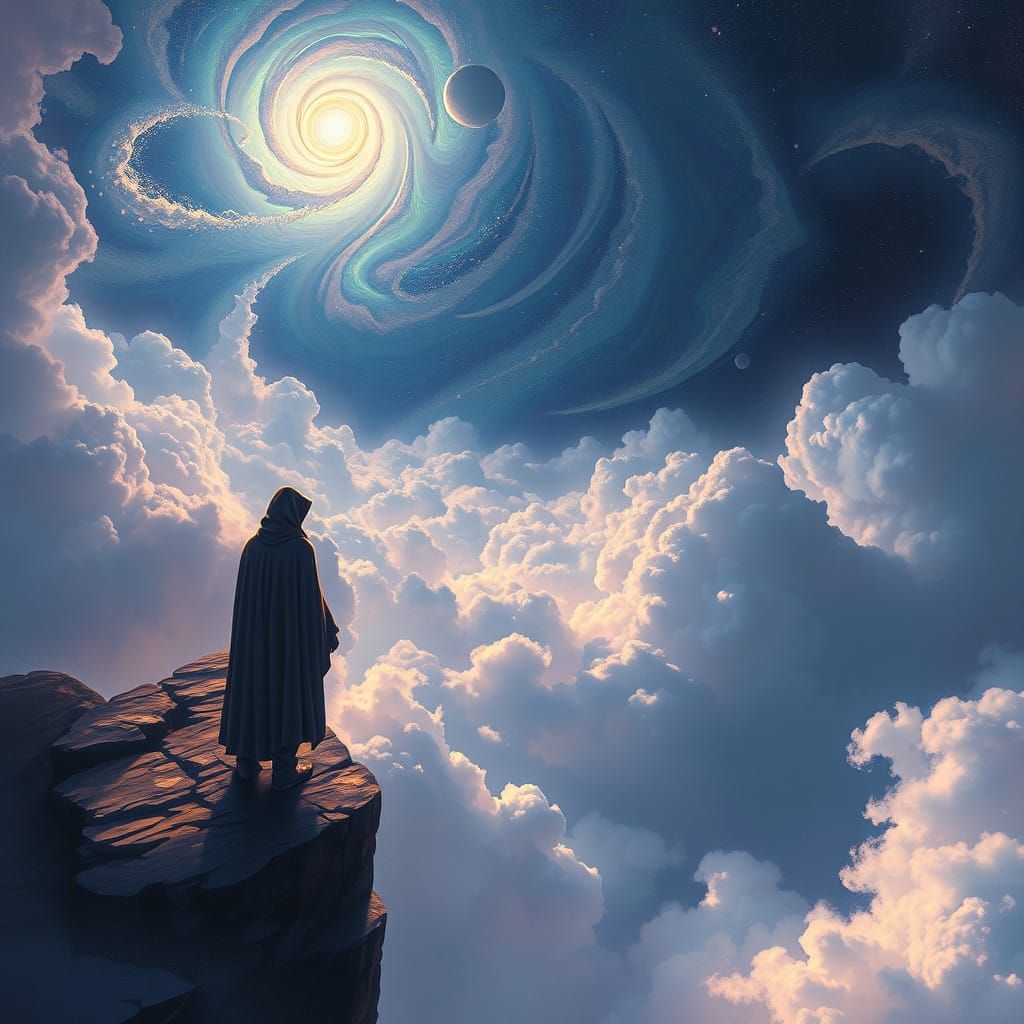 Philosopher Contemplates the Cosmos in a Tapestry of Wonder