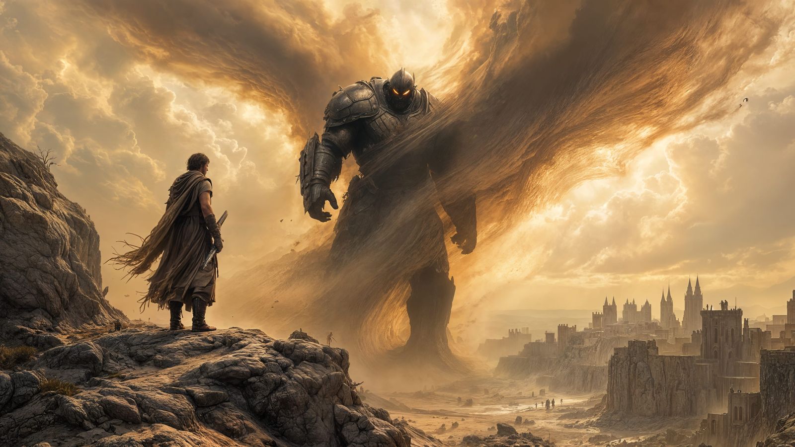 Young Shepherd Defies Armored Giant at Dawn