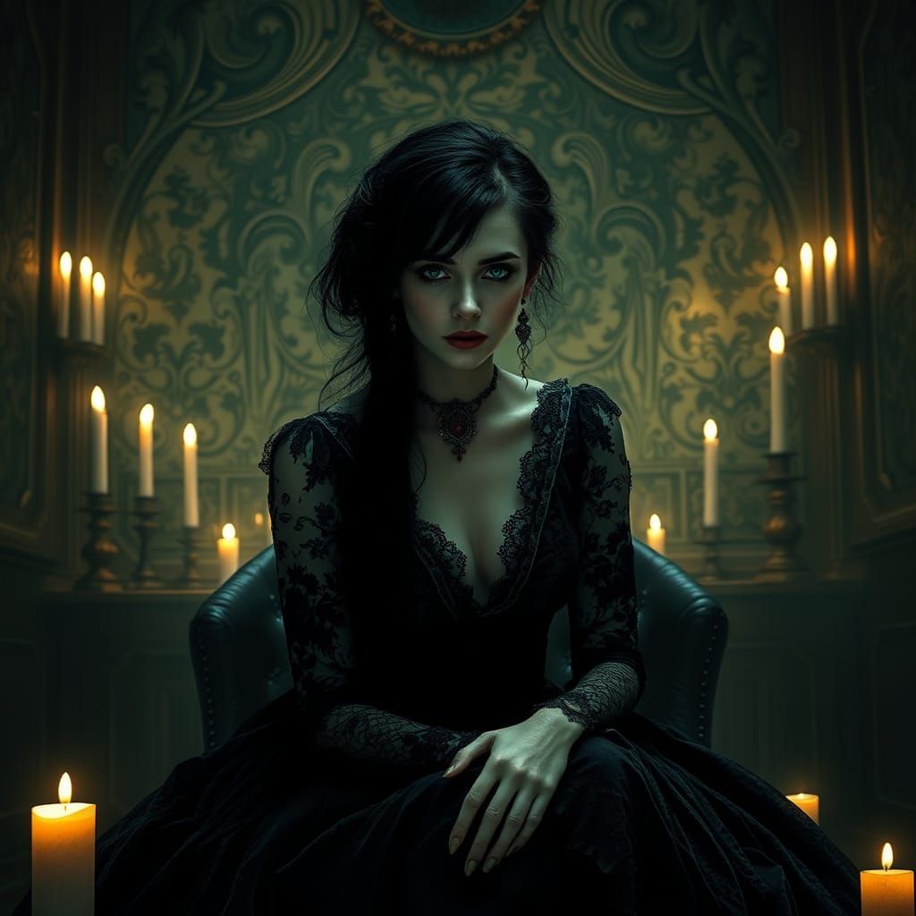 Melancholic Woman in Victorian Gown by Candlelight