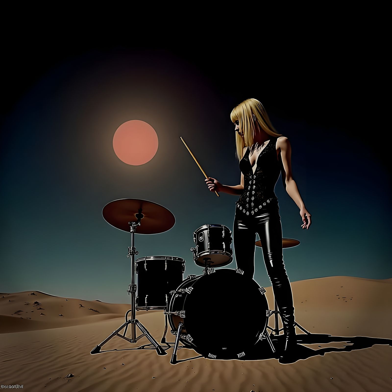 Gothic Blonde Drummer in Desert Night