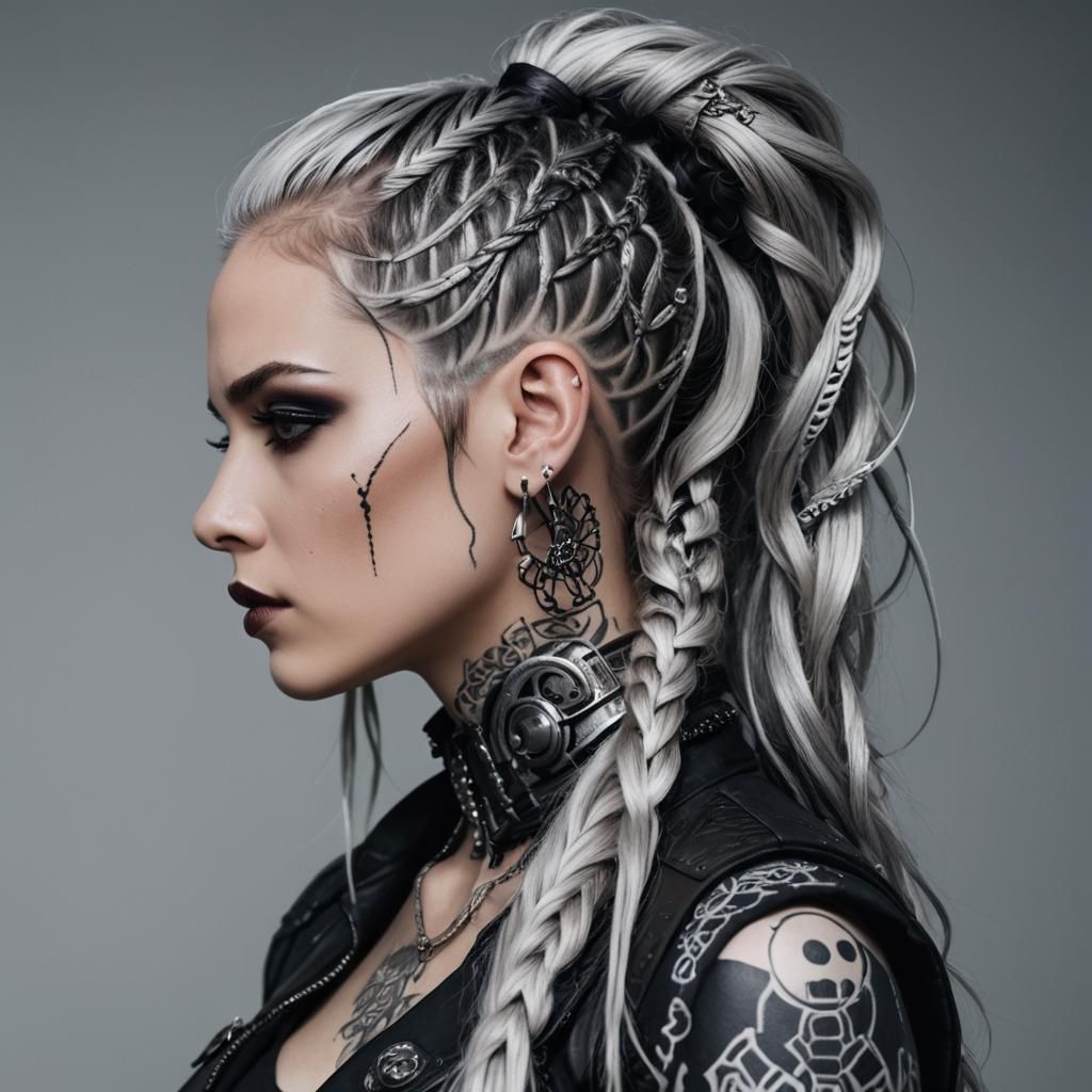 A striking, cyberpunk-inspired woman with long, silver hair styled in an intricate ponytail stands in a profile view. He...