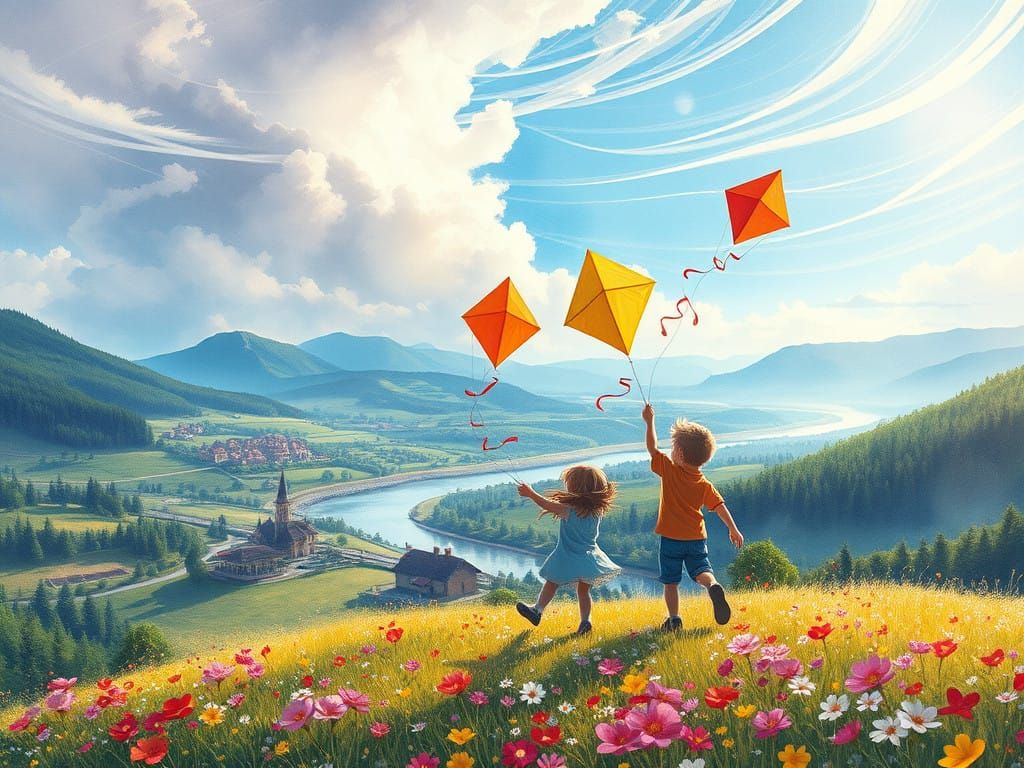 Whimsical Children Play Kites in a Vibrant Fantasy Landscape