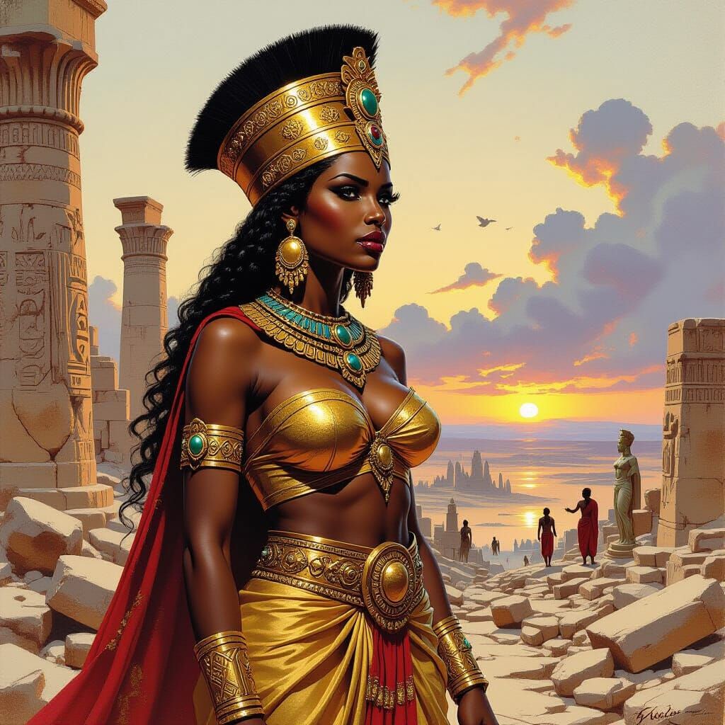 Nubian Queen Amidst Ruins in Fantasy Art Style