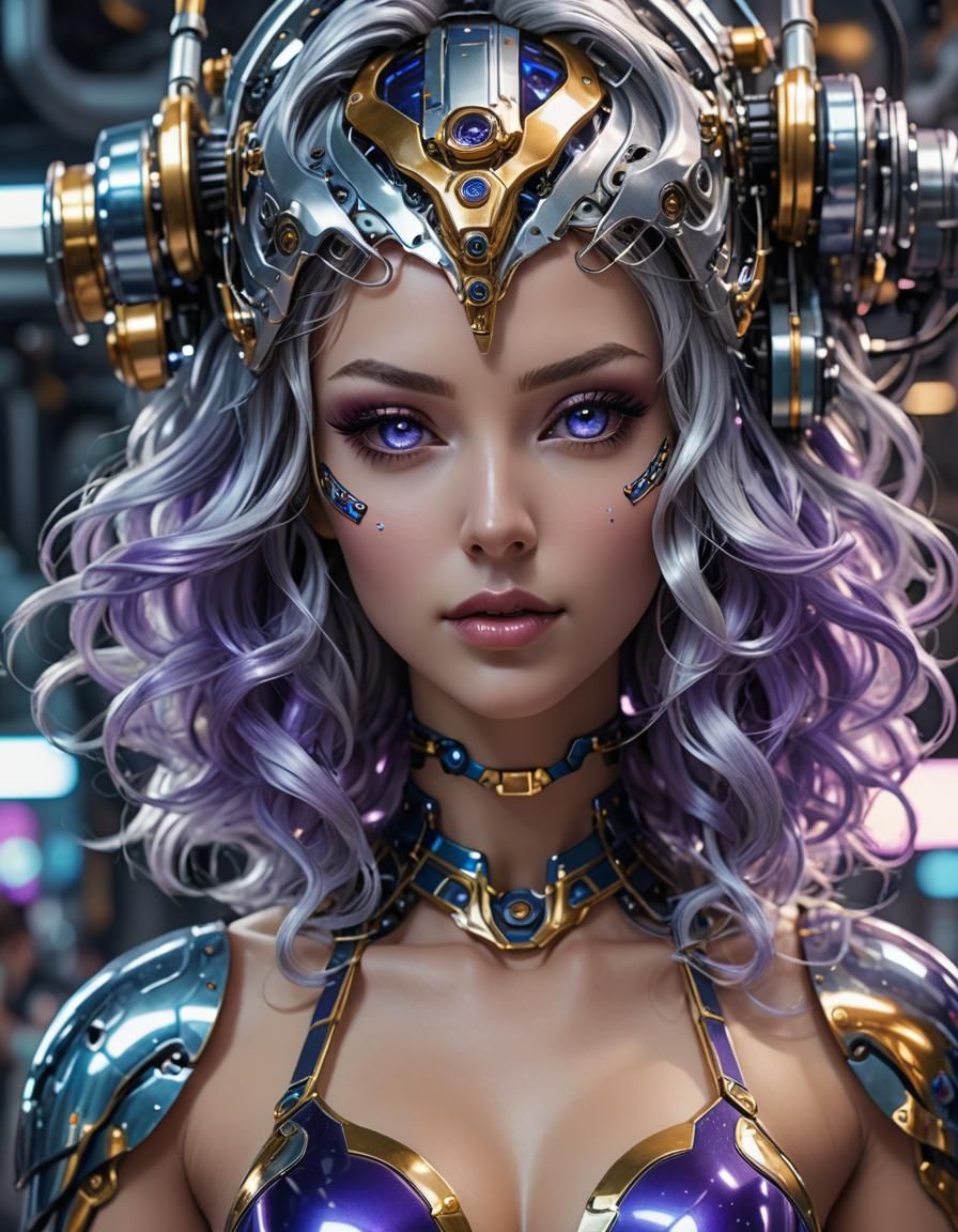 Detailed Cybernetic Goddess in Robot Shop, Digital Art
