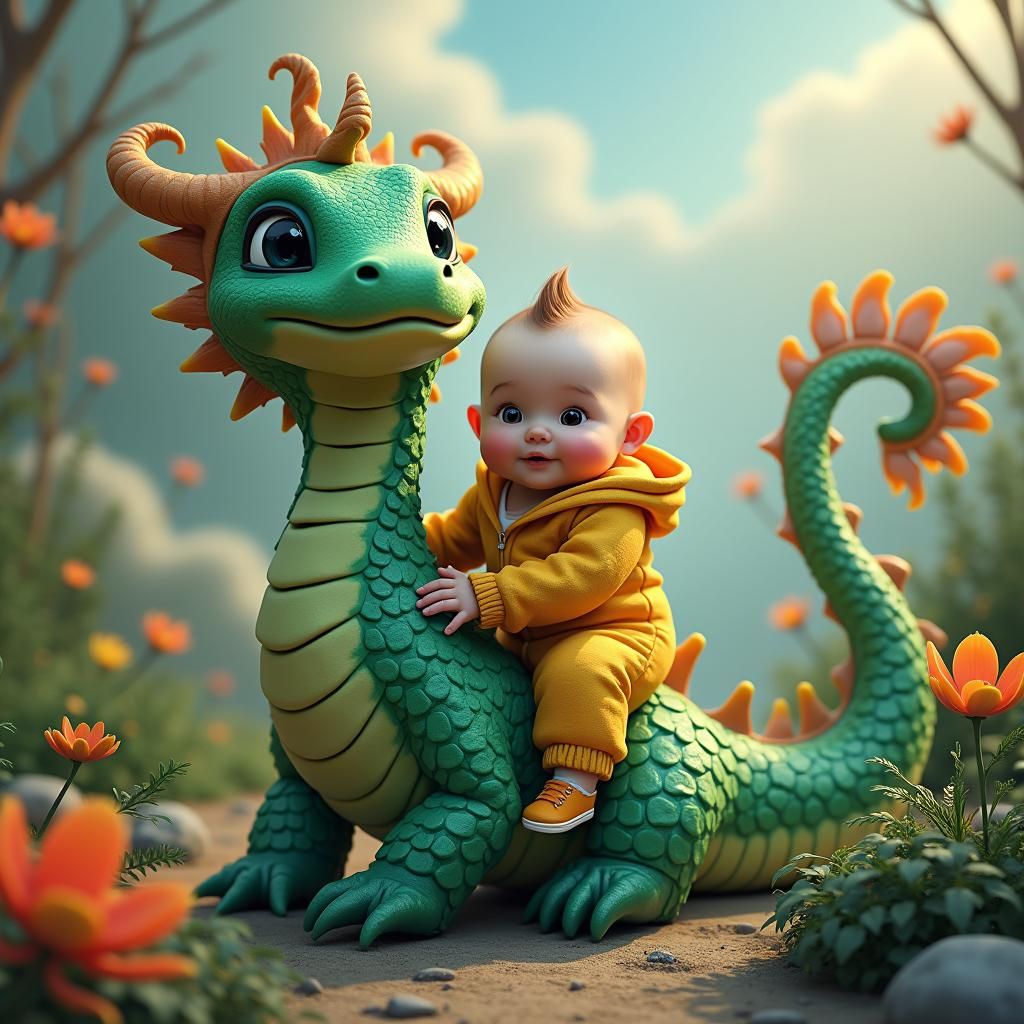 Baby Rides Giant Serpent in Dreamlike Landscape