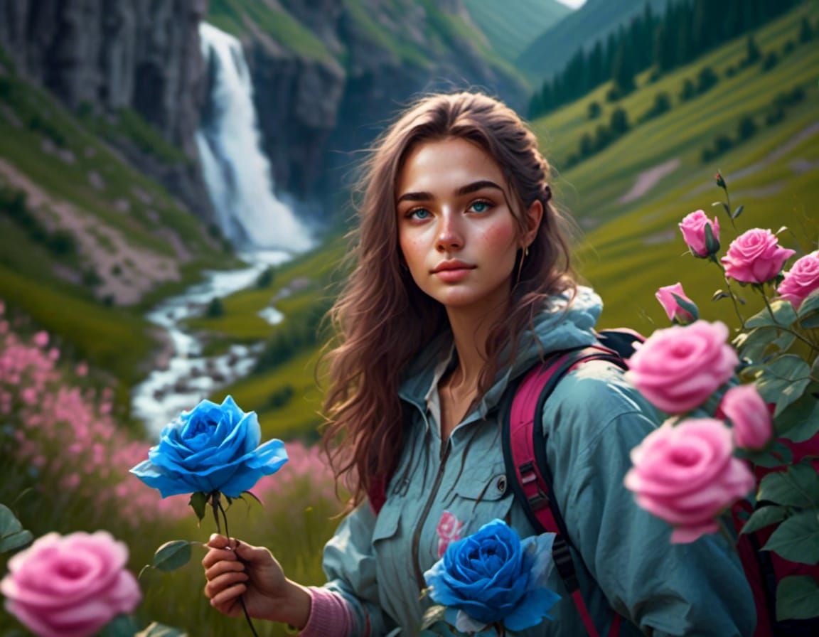 Azeri-Russian Girl Hiking with Roses in Mountain Valley