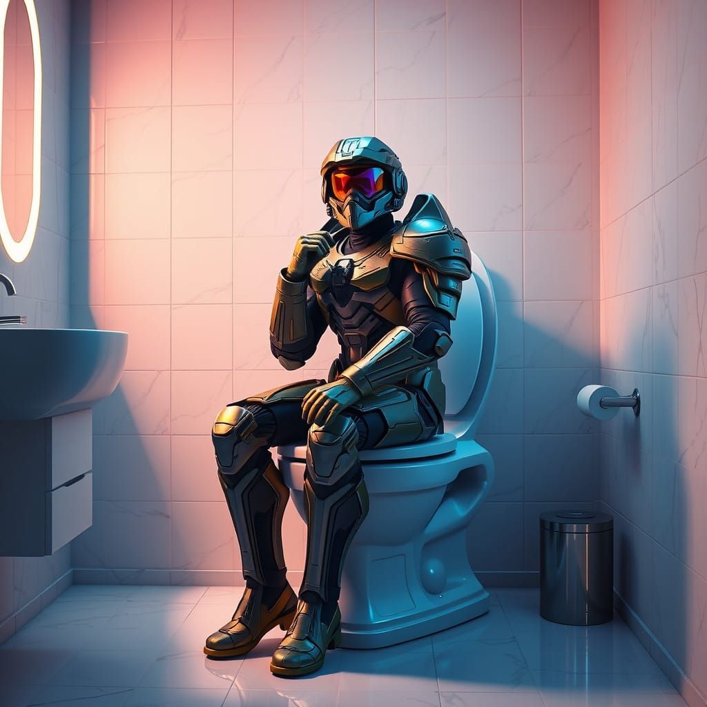 Halo Master Chief Contemplates in Luxurious Bathroom