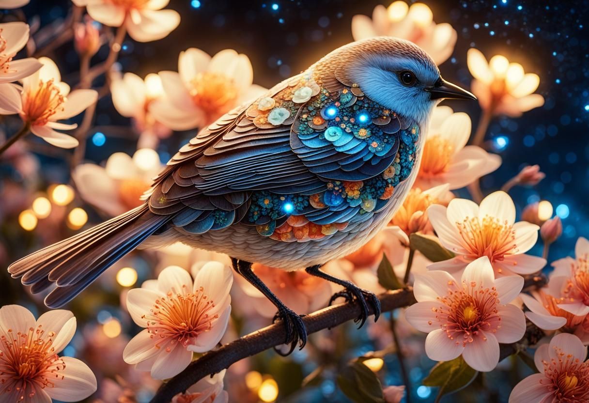 Floral Bird in Starry Night, Fantasy Art