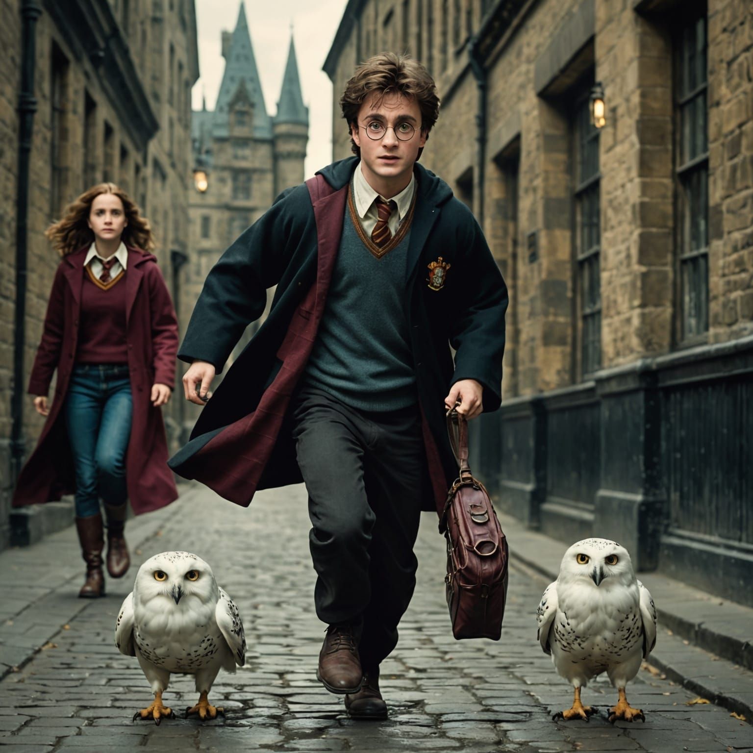 Harry Potter running to platform 9 3/4 with Hedwig