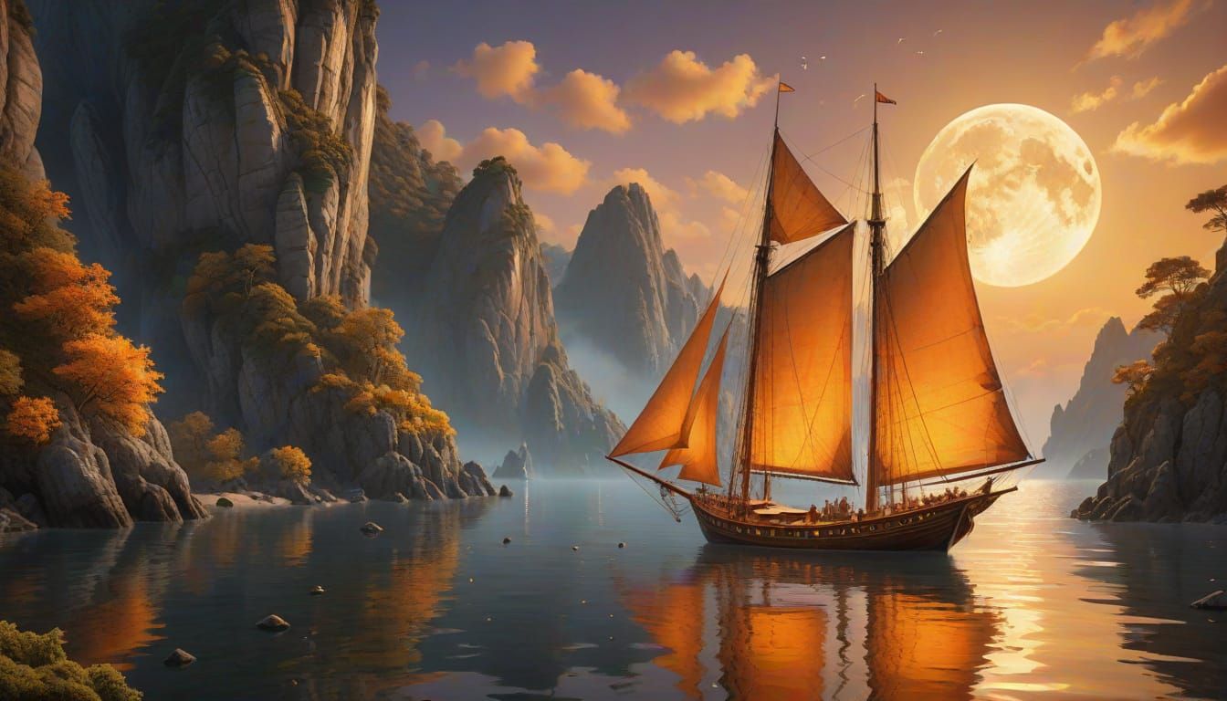 Cinematic Fantasy Seascape with Glowing Amber Sailboat
