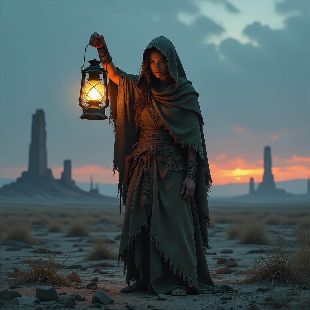 Post-Apocalyptic Tribal Woman with Glowing Lantern