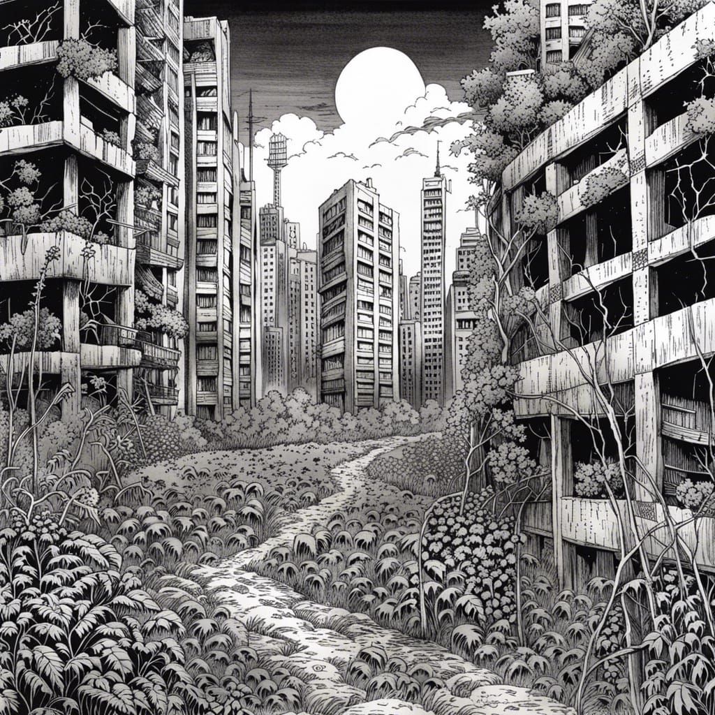 Post-Apocalyptic Cityscape in Junji Ito Manga Style