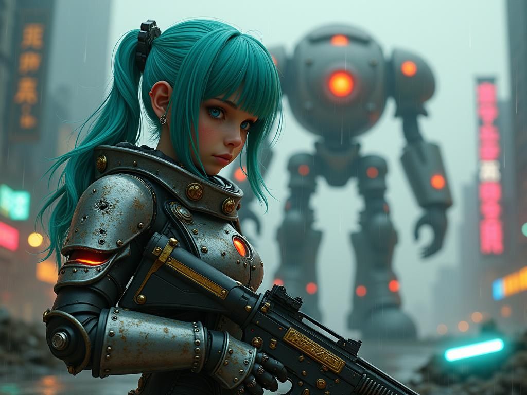 Cyberpunk Girl in Ruins with Robot