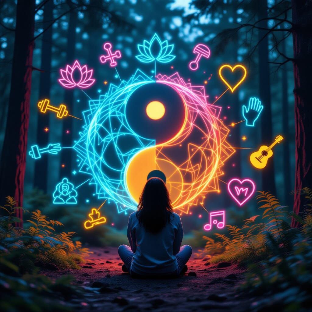 Sad Person Surrounded by Neon Infographics