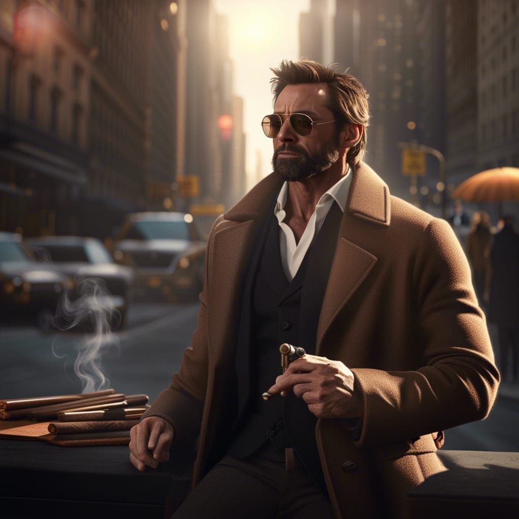 Hugh Jackman Smoking a Cigar in New York City