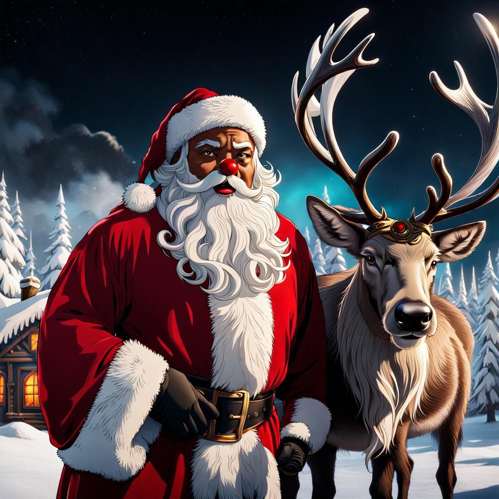 Black Santa with Reindeer, Fantasy Concept Art
