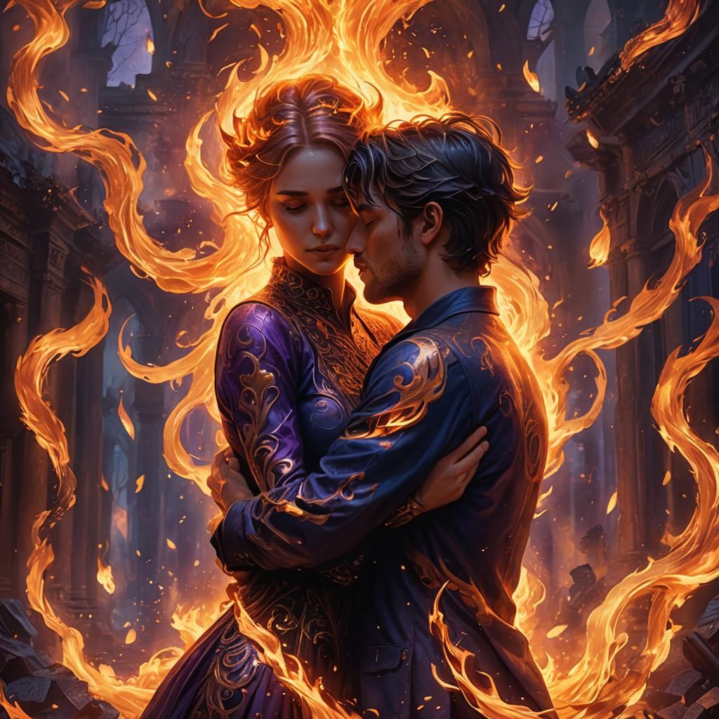 Passionate Embrace in Burning Flames, Fantasy Art