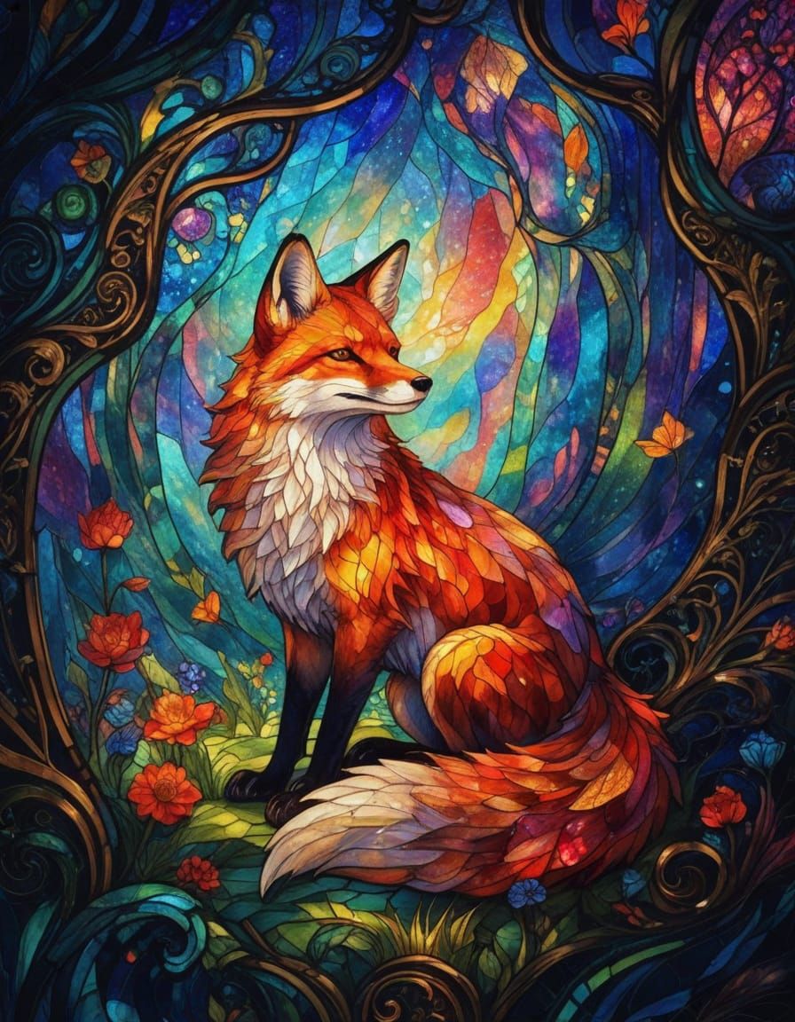 Fantasy Fox Stained Glass Art with Surreal Details