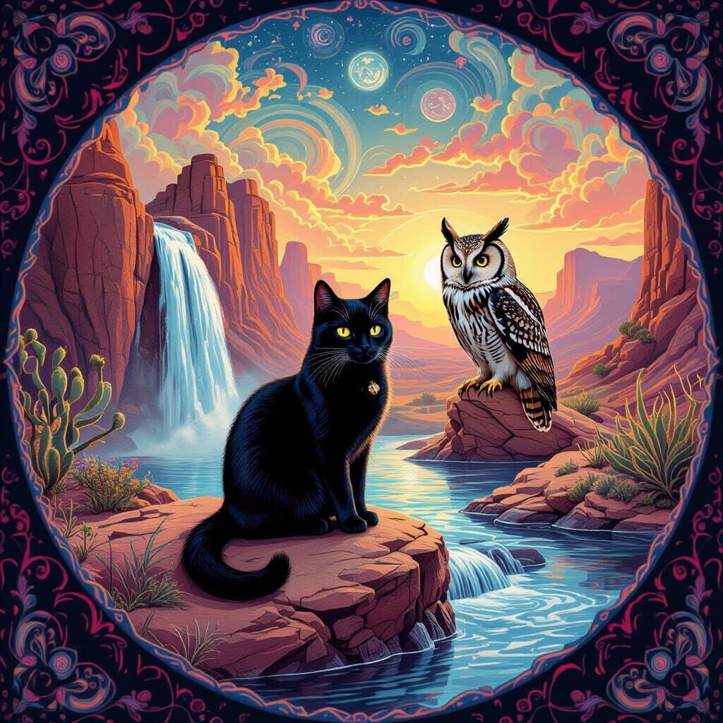Psychedelic Desert Scene: Cat, Owl, Waterfall in Vibrant Sty...