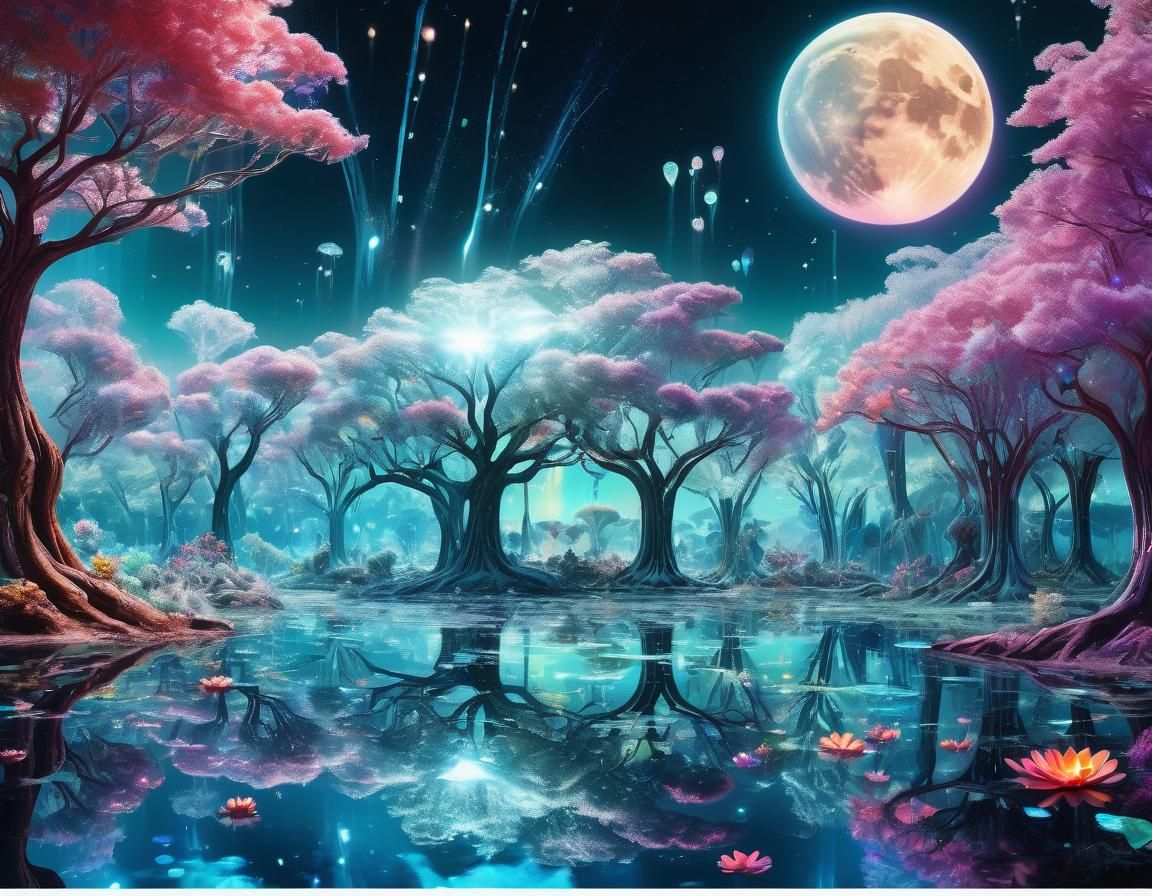 Bioluminescent Alien Garden Under Rainbow Moon