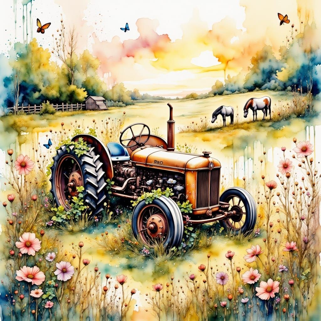 Rustic Vintage Tractor in a Wildflower Meadow