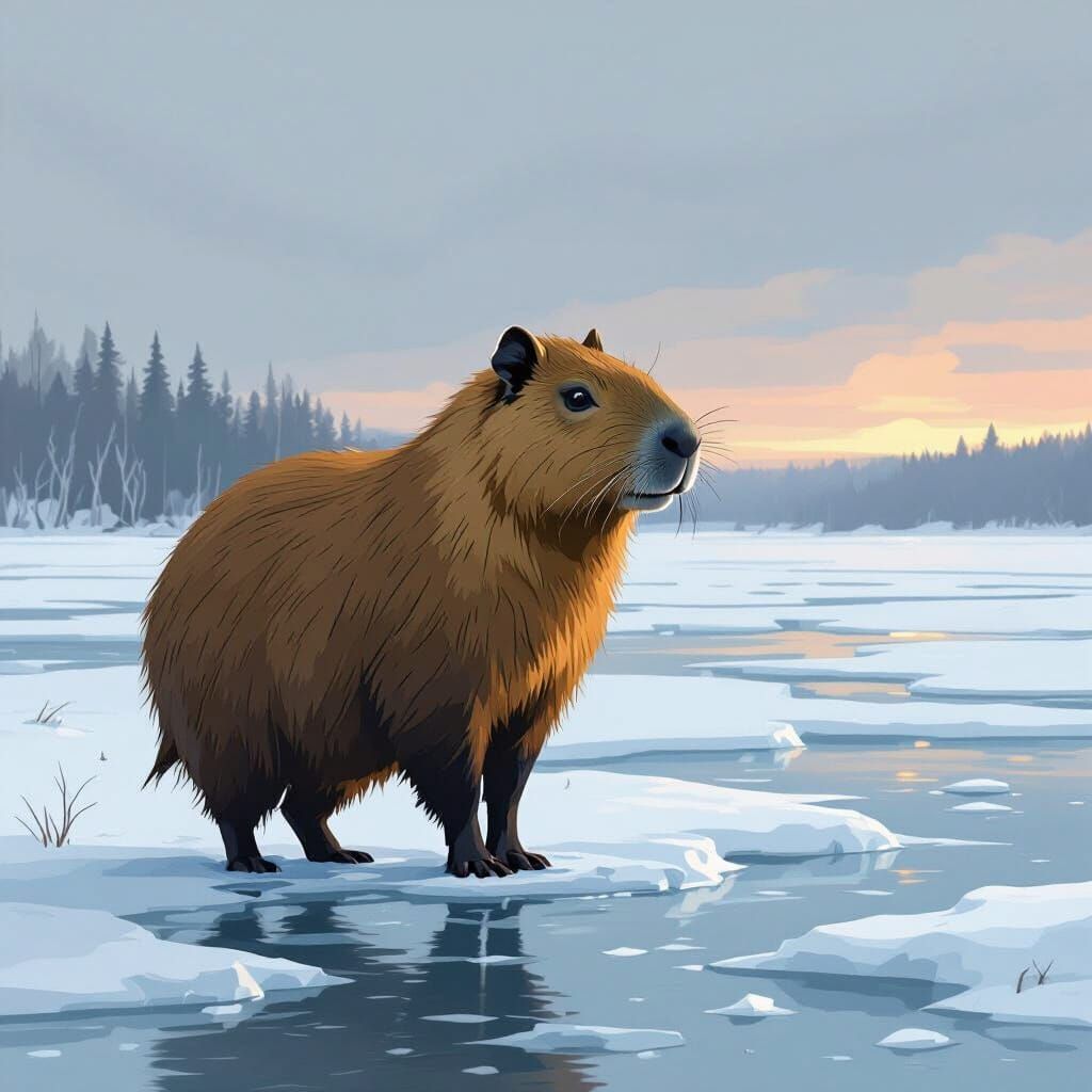 Capybara on Frozen Lake in Muted Winter Light