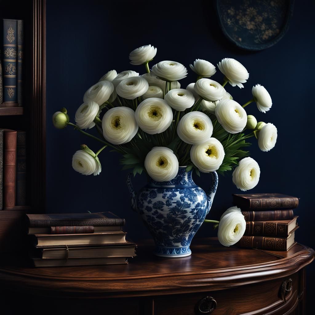 Ranunculus Bouquet Still Life in Dark Blue Room