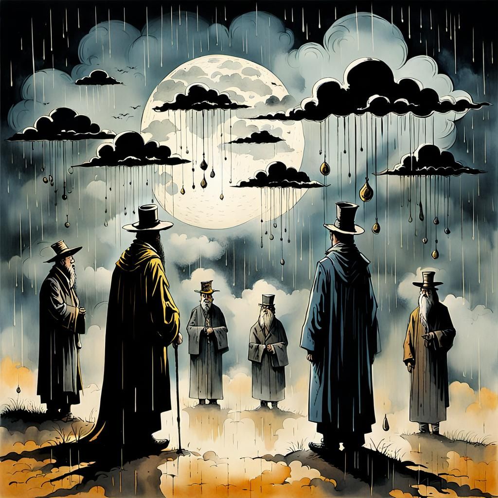 Dystopian Rain: Surreal Ink Art in Vivid Colors