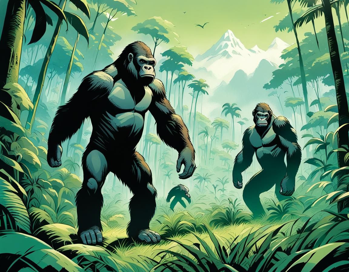 Tarzan Meets Gorillas in Jungle Clearing