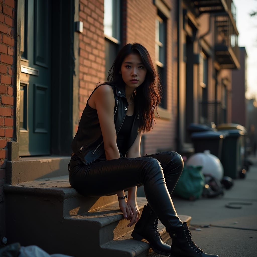 Asian American Woman in Biker Gear on Tenement Stoop