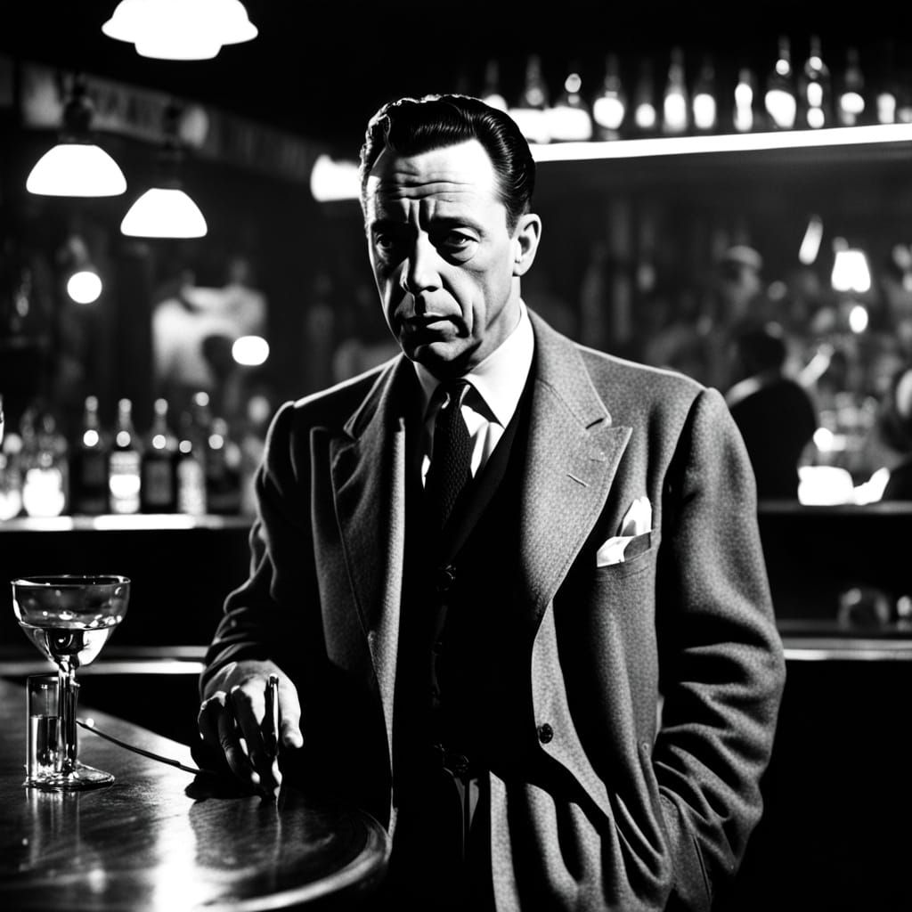 Albert Camus in Film Noir Style Bar