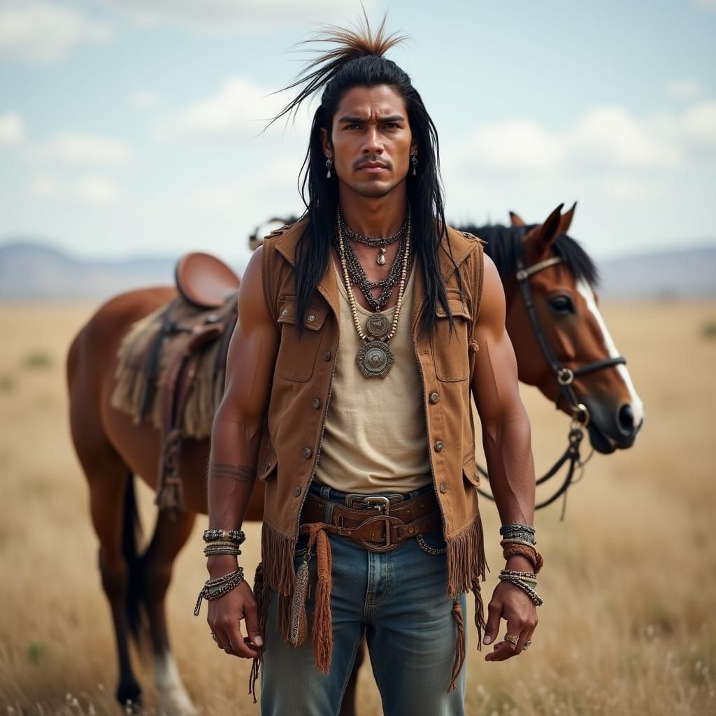 Native American Man in Traditional Attire with Horse in Badl...
