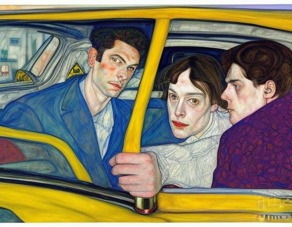 Friends in Taxi: Detailed Figurative Portrait