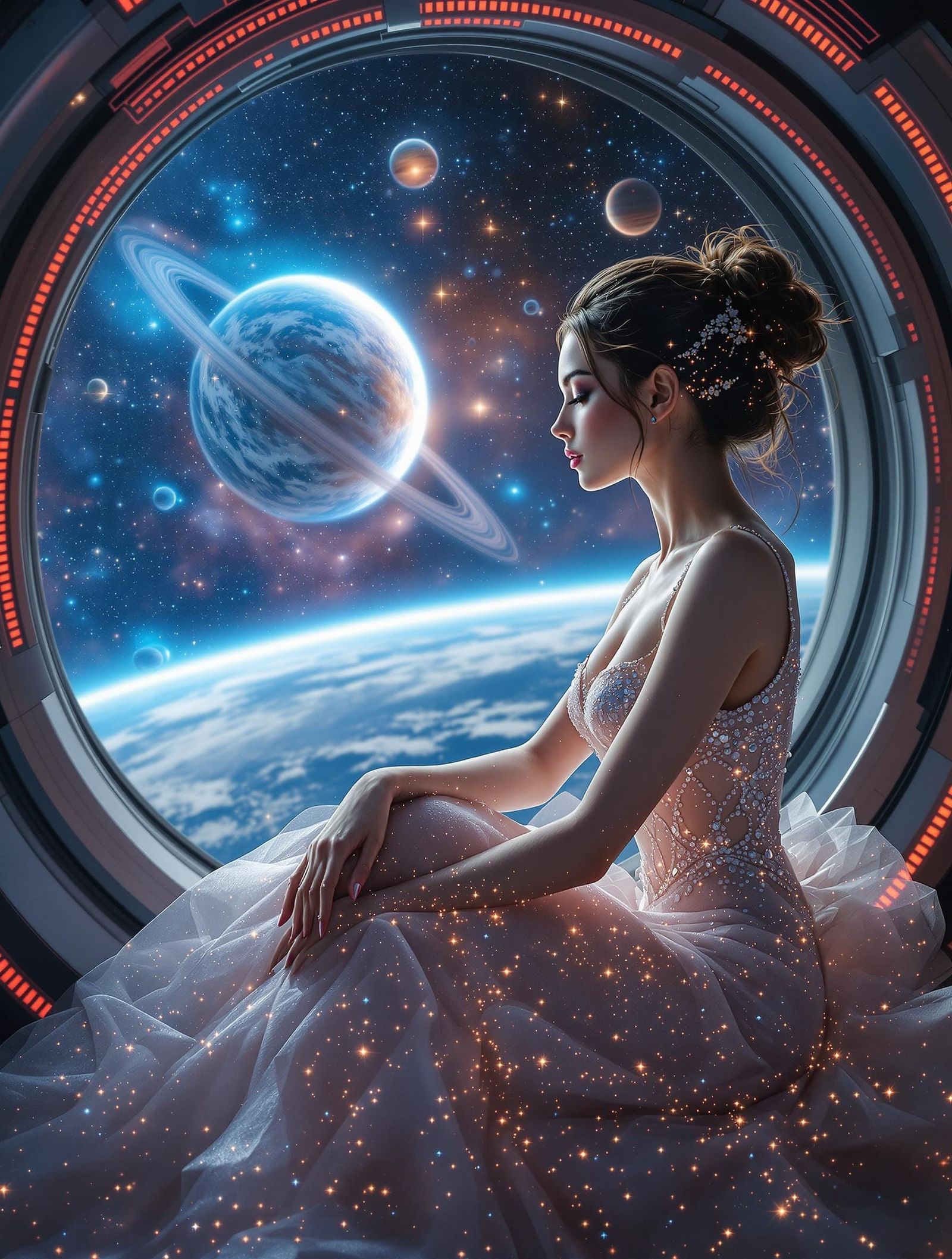 Ethereal Futuristic Woman in Cosmic Spaceship