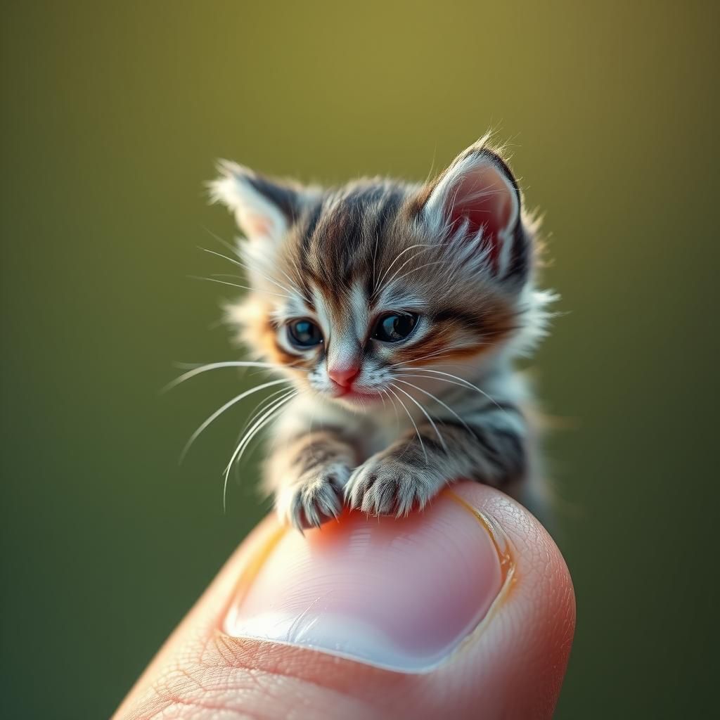 Tiny Kitten on Finger: Hyper-Detailed Miniature Realism