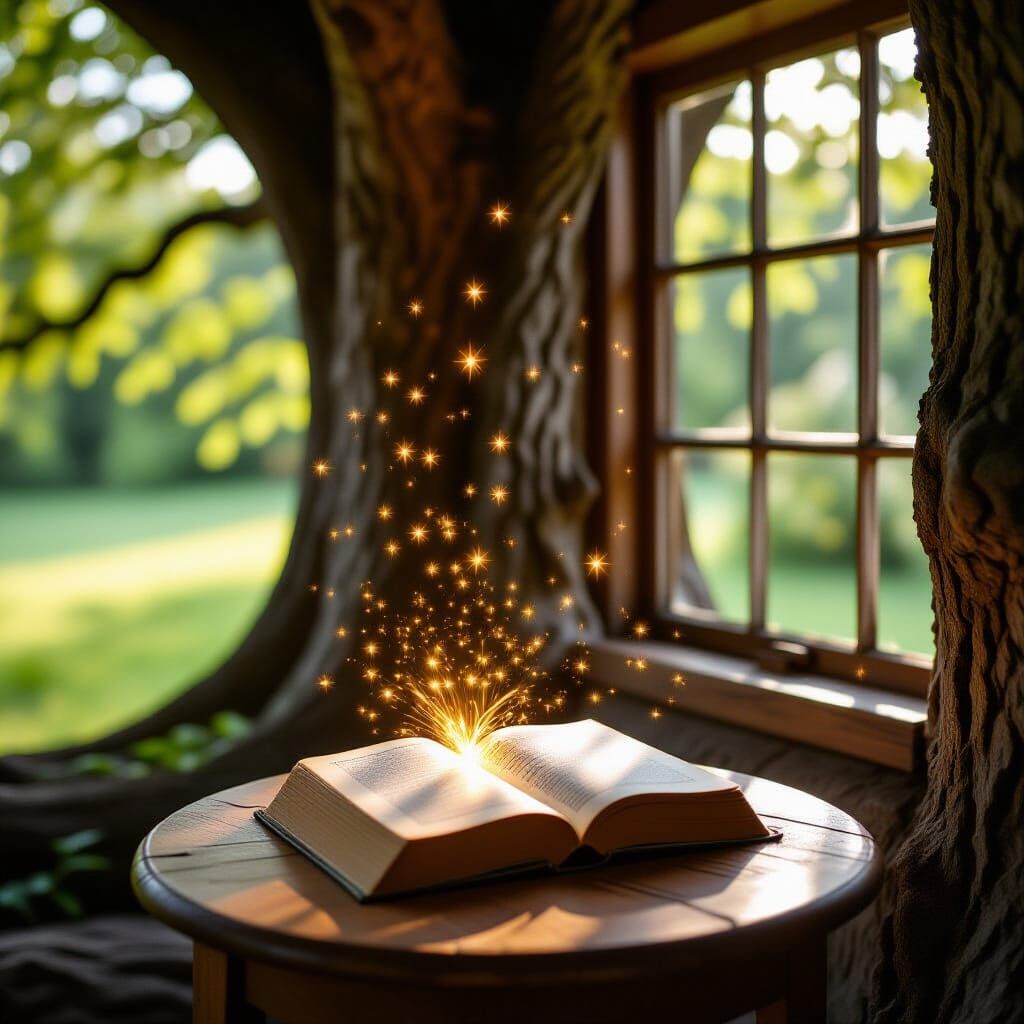 Cosy Room Inside Oak Tree with Magical Book