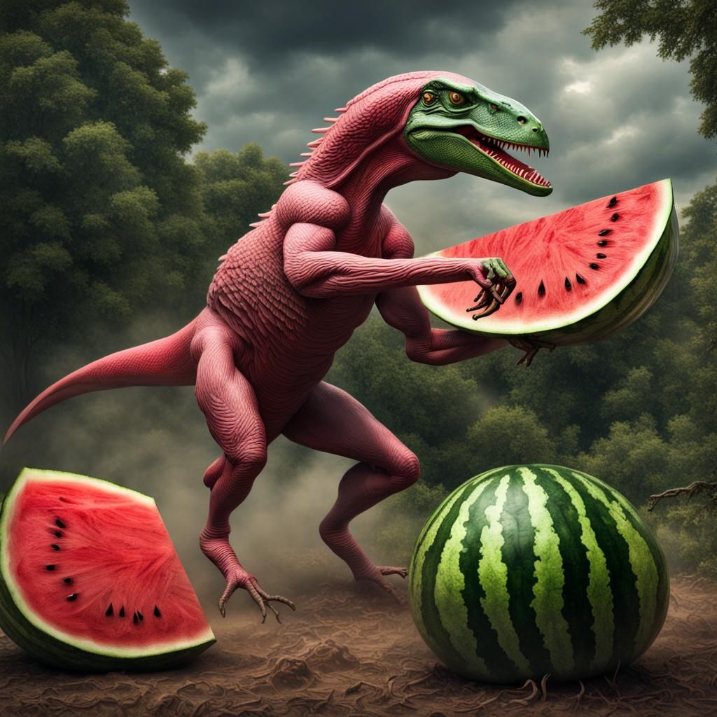 Hyperrealistic Watermelon George Washington vs Velociraptor
