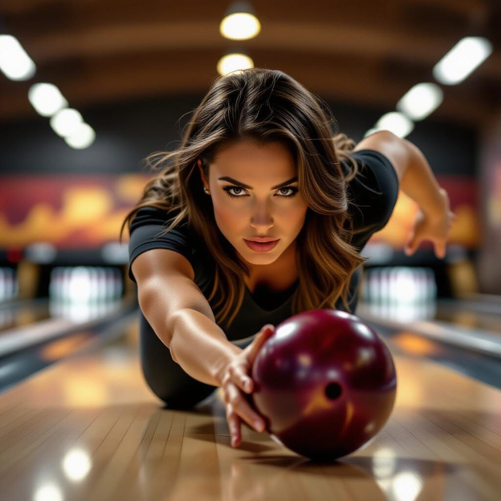 Photorealistic Woman Bowling with Intense Focus
