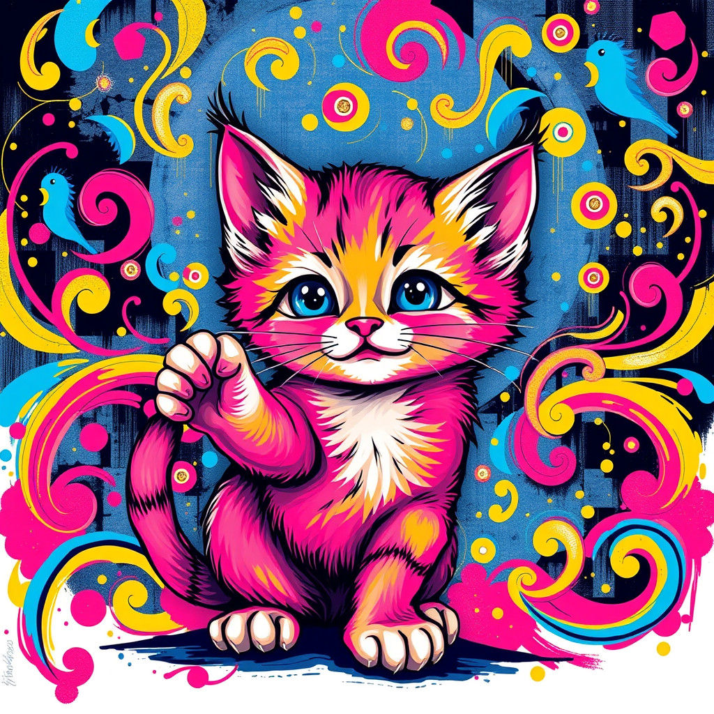Vibrant Kitten Illustration in Lisa Frank Style