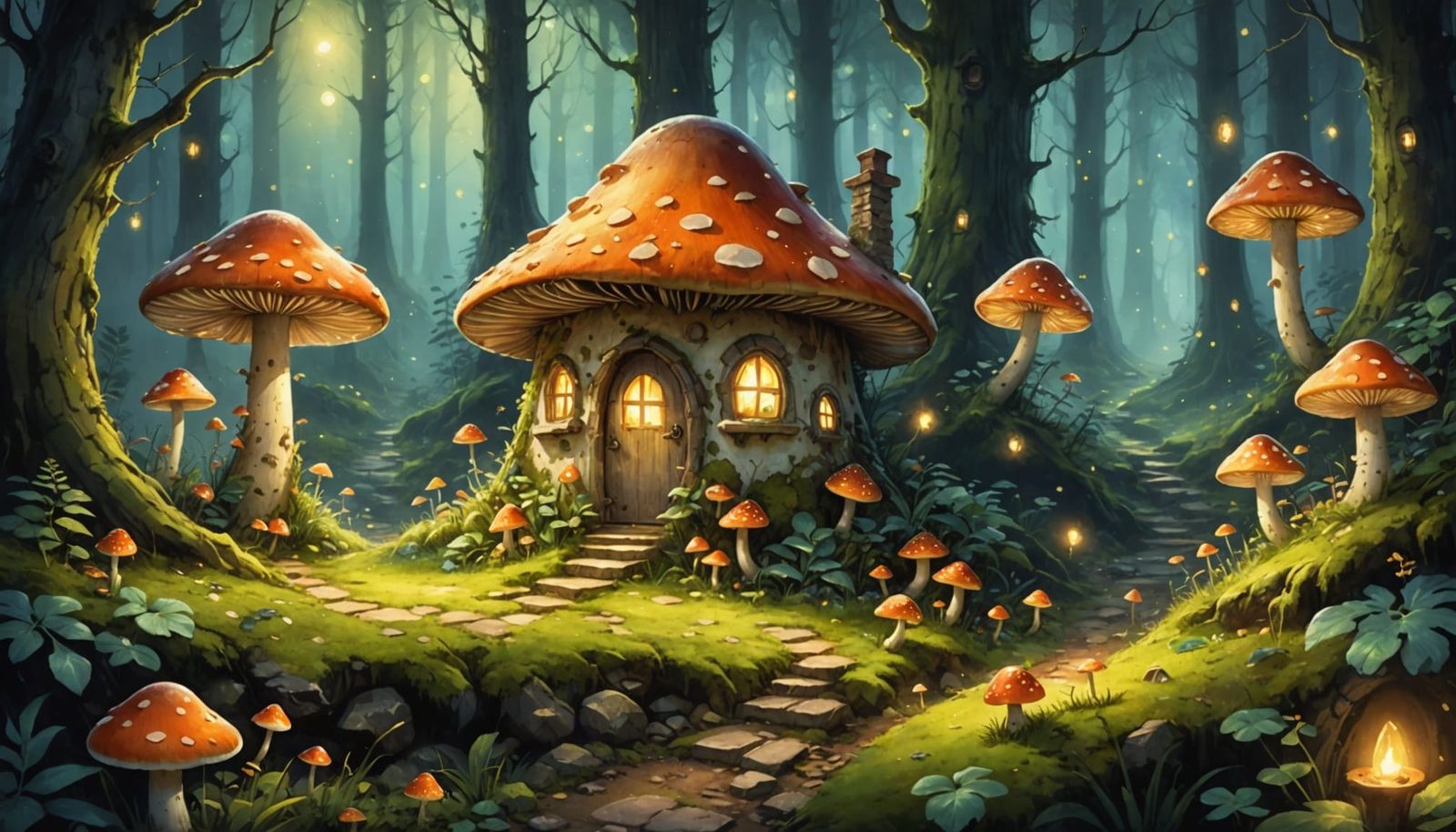 Whimsical Mushroom Houses in Enchanting Forest