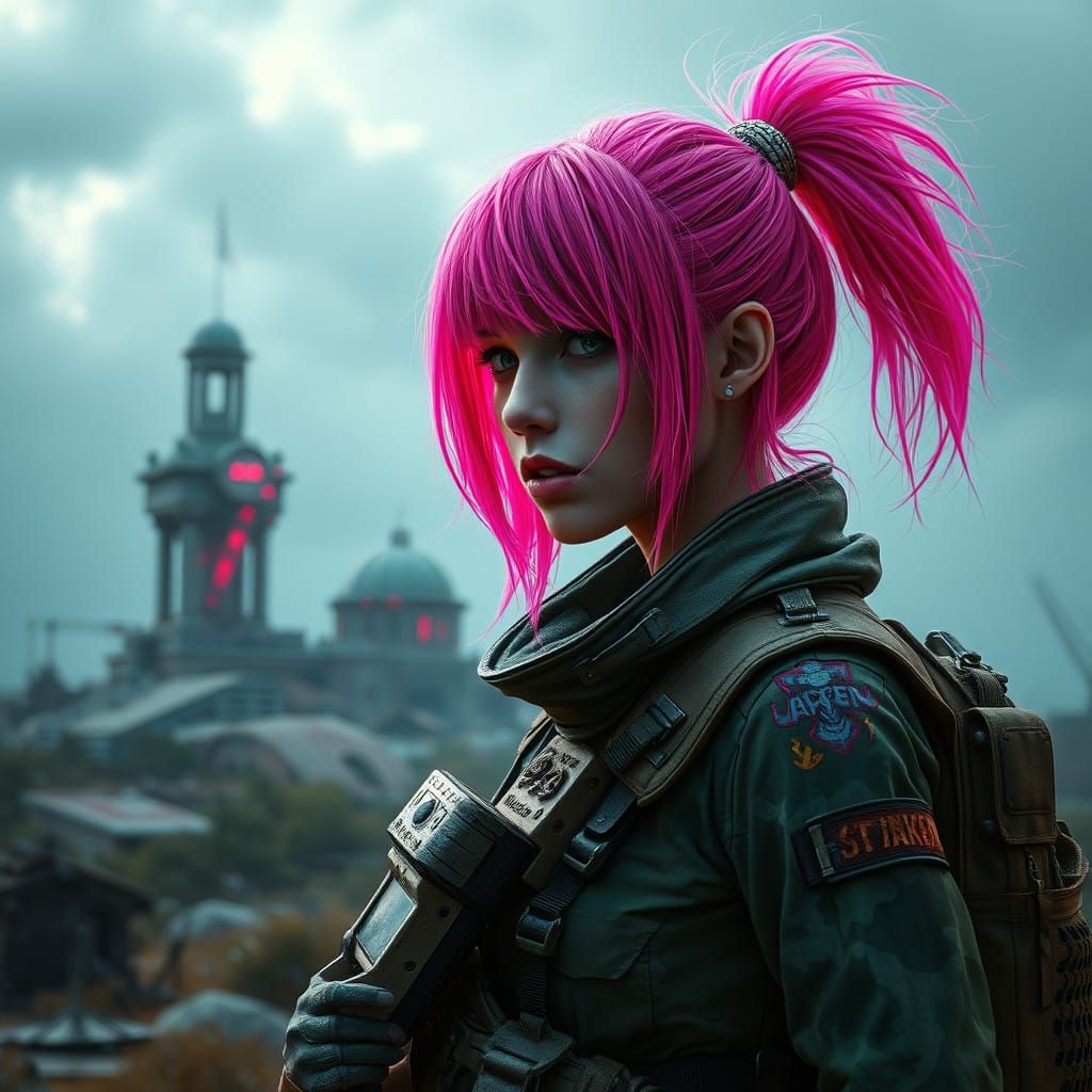 Cyberpunk Explorer in a Haunting Post-Apocalyptic Landscape