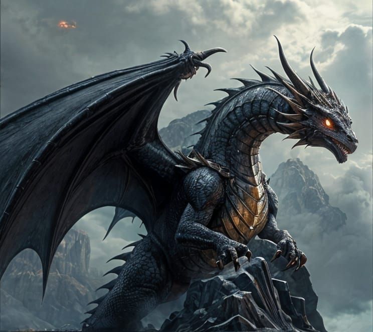 A colossal, ancient dragon with scales like obsidian and eye...