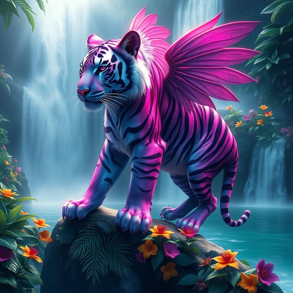 Iridescent Winged Tiger at Misty Waterfall