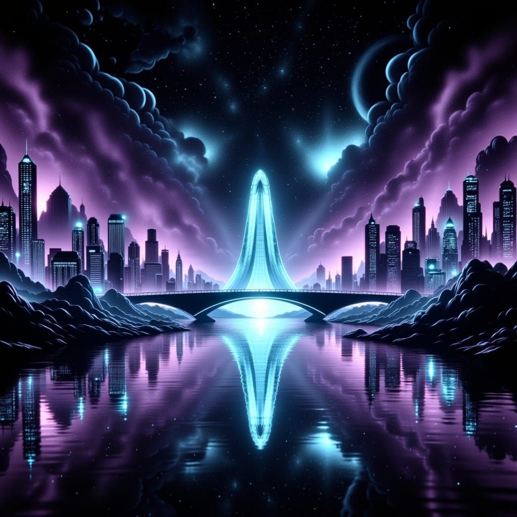 Futuristic Cities Connected by Iridescent Bridge